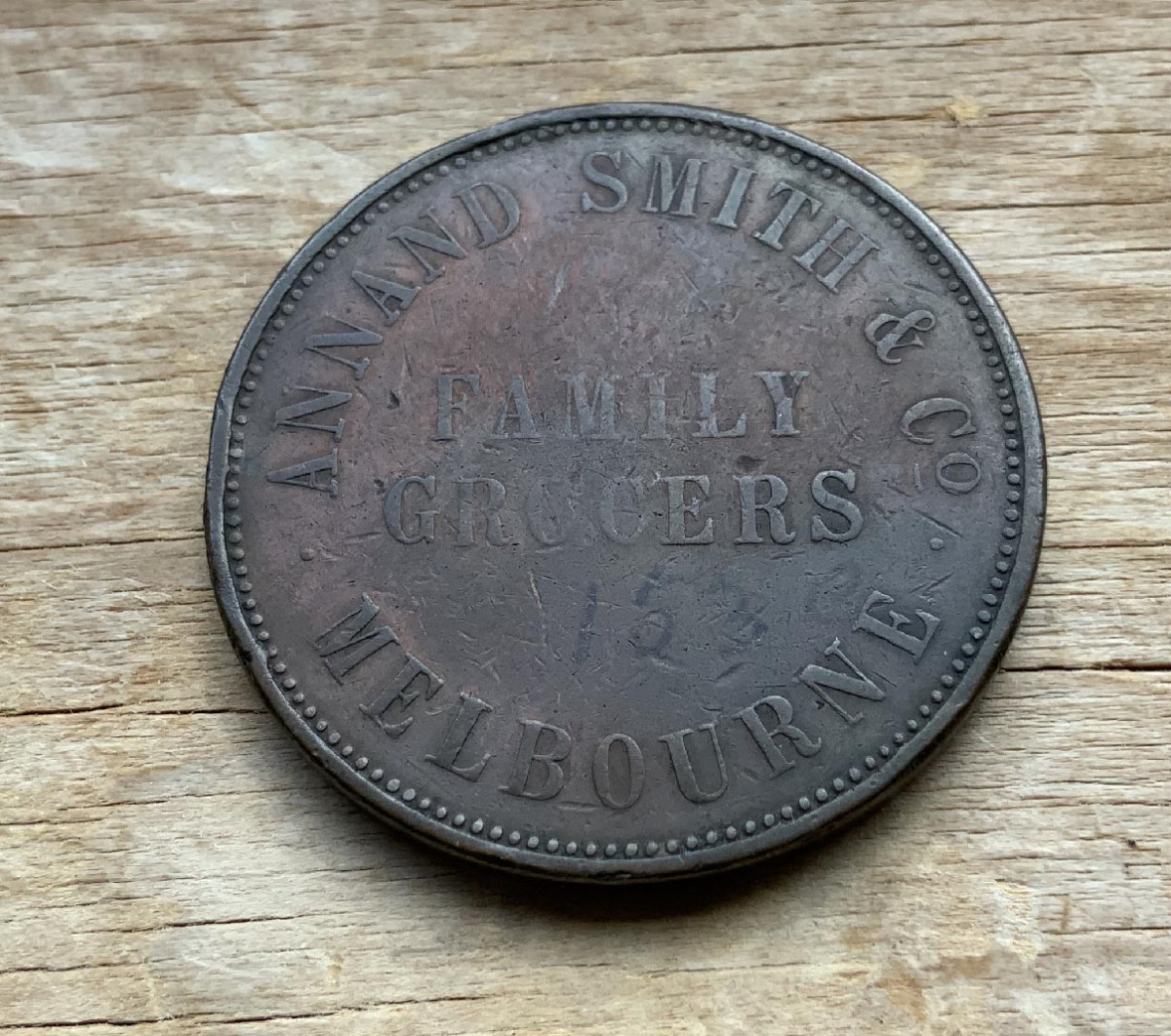 early 1849 advertising token coin for Annand Smith Family Grocers Melbourne Australia C268